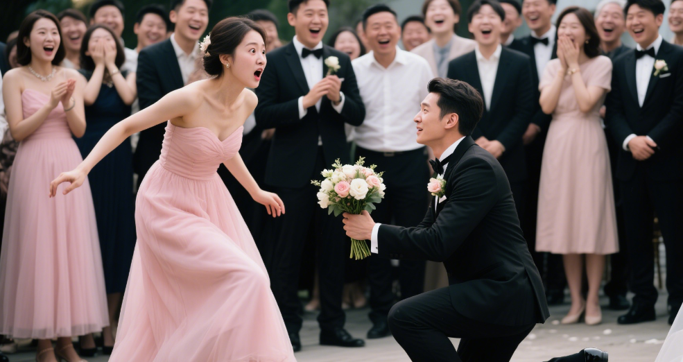 尴尬瞬间！抢手捧花求婚跪错人，现场观众笑翻